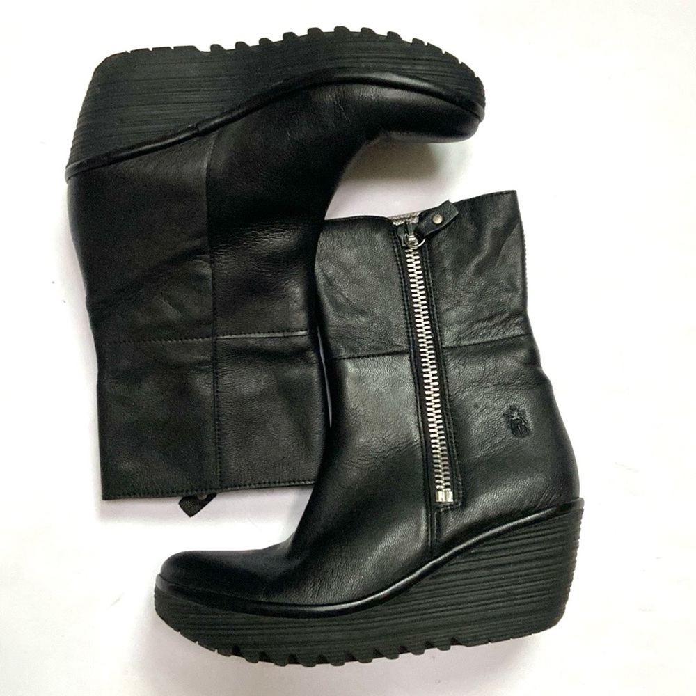 FLY London Yex Leather Fold-over Wedge  Boots - Picture 4 of 16